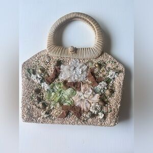 Vintage Straw Purse Woven Basket Embellished Floral Beads Shells Boho Japan 50s